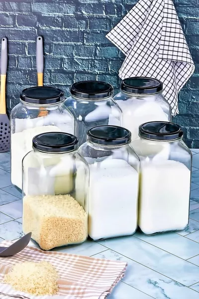 Set of 6 Labeled Glass Food Jars with Metal Lids