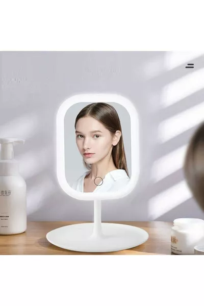 3-Color LED Portable Desktop Rechargeable Lighted Makeup Mirror, Adjustable Angle, Round, White LED
