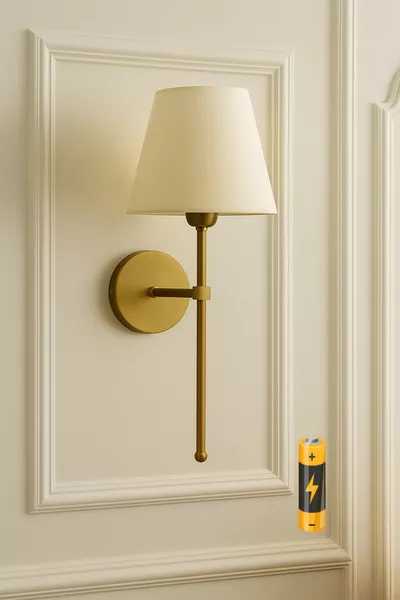 Luxe moderne wandlamp met aan/uit-knop en batterij, verouderd goud met crèmekleurige lampenkap, op batterijen, prijs per stuk