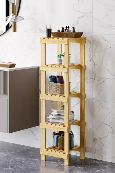 Houten Badkamerkast met 5 Open Planken Badkamer Organizer Plank