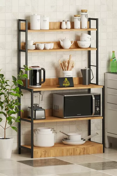 Кухненски стелаж с основа с 5 рафта за кафе кът, кухненски рафт, кухненски шкаф от бор