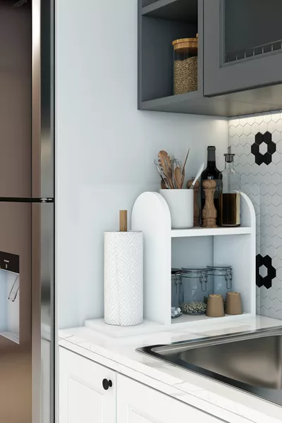 Kitchen Shelf with Paper Towel Holder Countertop Table Napkin Holder Shelf White