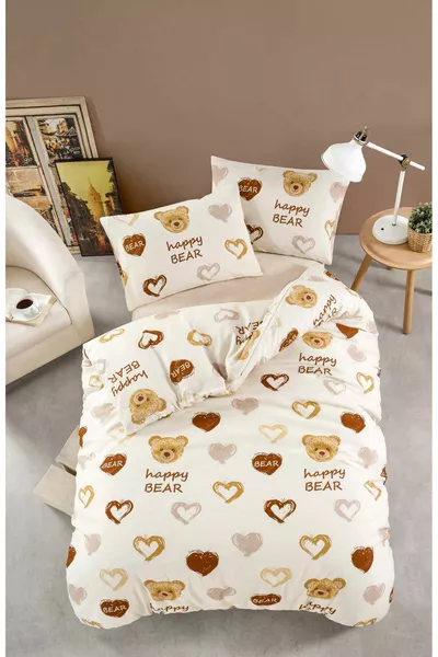 طقم غطاء سرير مفرد مطاطي مع ملاءة وغطاء لحاف بقلوب ودببة Ranforce