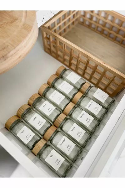Square Glass Spice Jar Set with Bamboo Lid / Piece Label