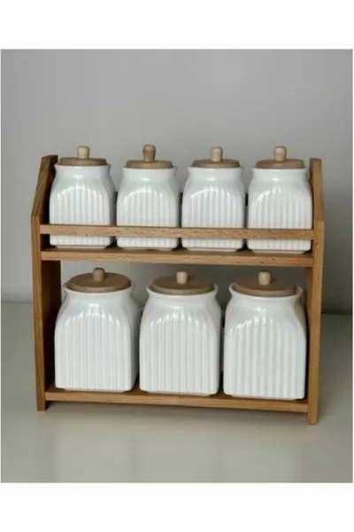 7-teiliges Porzellan-Gewürzglas-Set mit Holzständer