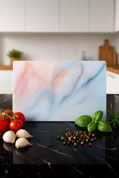 Supreme Mermer Görünümlü Cam Kesme Tahtası - Cam Kesme Tablası Oval Kenarlı cm X cm