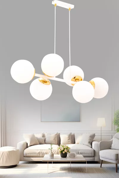 ثريا معلقة كروس 6 مصابيح بالذهب الأبيض مع زجاج كروي أبيض حديث لغرفة المعيشة والصالة والمطبخ