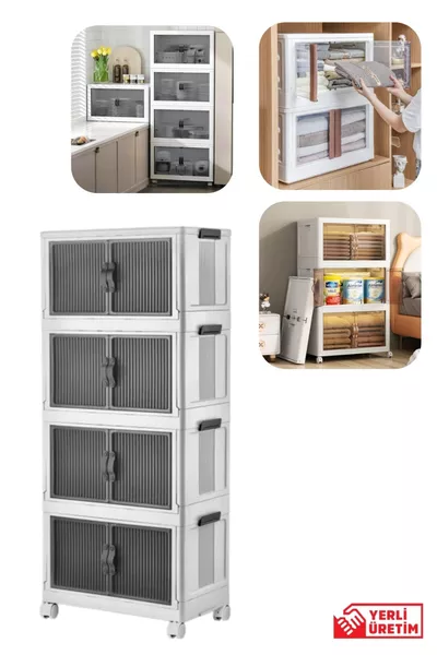 Многофункционален преносим шкаф с капак, с колела, за подреждане, комплект от 4, бял