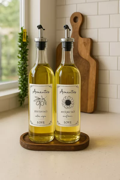 Set de 2 bouteilles à huile et vinaigre avec support en bois, bouteille de  ml pour huile d'olive ou huile alimentaire, bouteille transparente pour huile