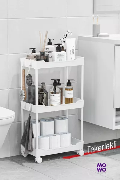 Mowo 3-laags wit badkamerrek op wielen, keukenrek, handdoekenrek, wasmiddelhouder, make-up organizer Vesken