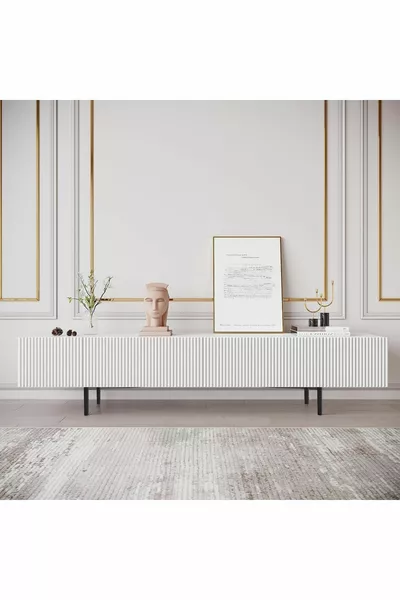 Стильная и функциональная современная ТВ-тумба из МДФ с крышкой и линиями, см