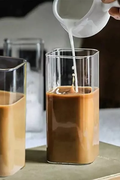 2 Square Coffee Glasses with Straw | Beverage Glass | Cold Coffee Glass | Rectangular Glass ml