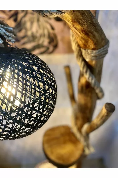 Настолна лампа от дърво  cm Нова серия Yalıkavak Черно-златисто осветление Натурална дървесина
