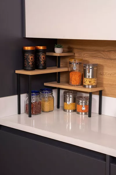 رف زاوية مطبخ معدني خشبي منظم فوق الطاولة رف حمام ومطبخ لتوابل