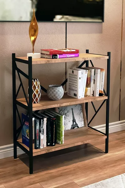 Rosec Metalen Boekenkast 3 Planken Decoratieve Boekenkast Bestand Boekplank Kantoor Huis Plank Boekplank Notenhout