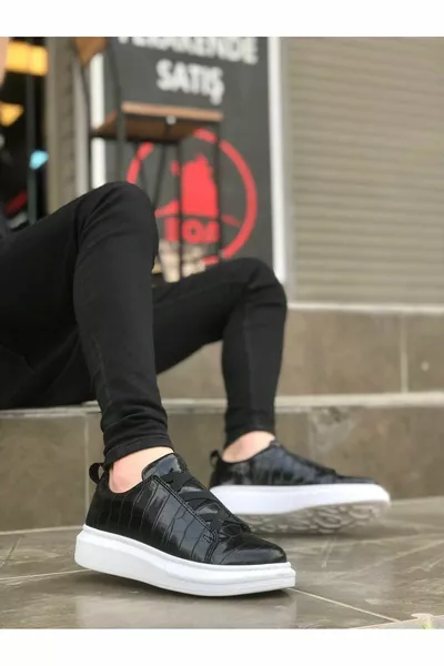 Thick High White Sole Pattern Cross Band Black Men's Shoes