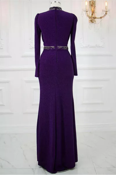 WOMEN'S PURPLE STONE EMBROIDERED EVENING DRESS T 