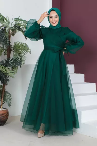 Emerald Green Balloon Sleeve Tie Tulle Evening Dress