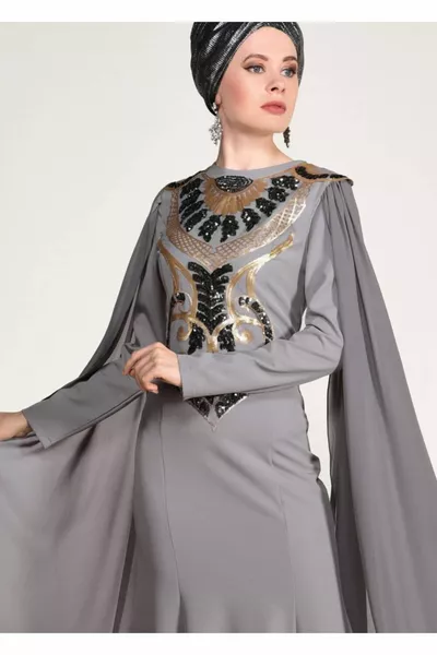 Graues Paillettenbesticktes Abendkleid für Damen 