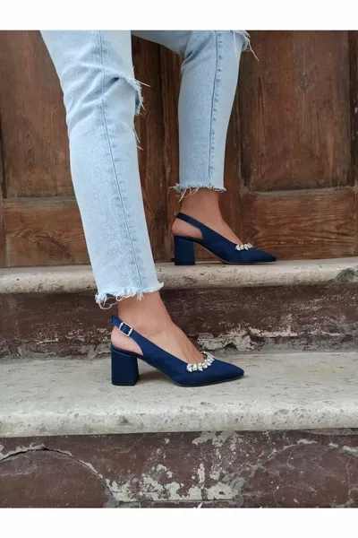 Navy Blue Satin Thick Heel Stone Detailed Women's Heels