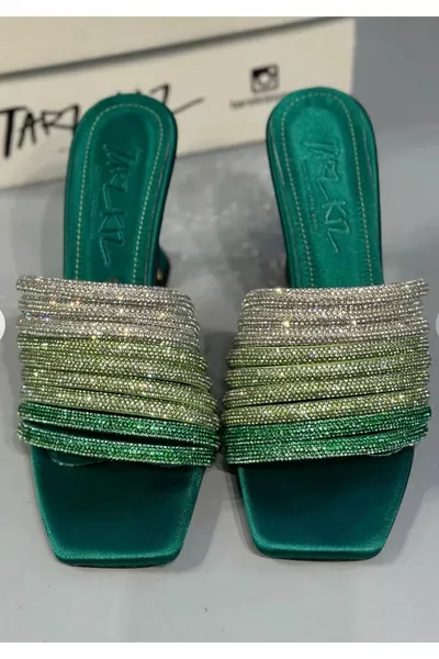 نسائي شباشب كعب من الحجر الأخضر