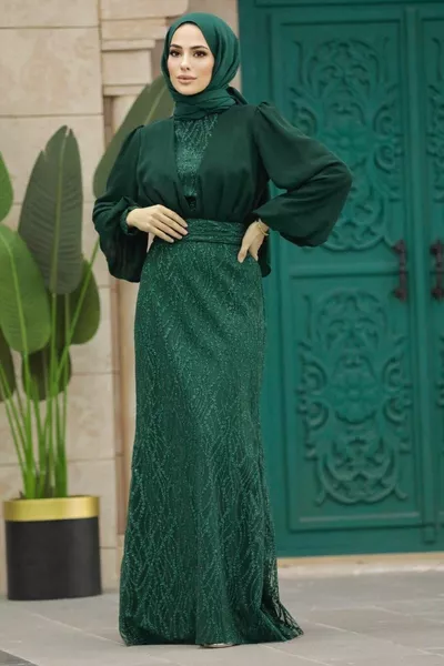 Robe de soirée hijab - Robe de soirée hijab vert émeraude brodée de sequins ZY