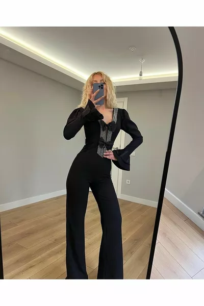 Long sleeve black crepe jumpsuit