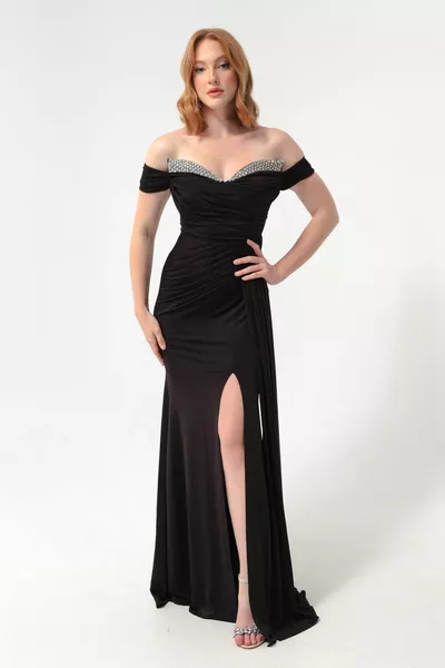المرأة طوق أسود حجر الذيل فستان مساء طويل