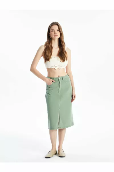 كان - تنورة دنيم متوسطة الطول بفتحات مستقيمة - كاكي