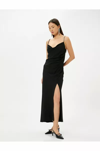 Maxi Dress with Stone Straps Slit Button Detailed Degaje Collar Asymmetrical Cut