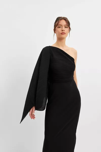 Black One Shoulder Draped Waist Fit Dress
