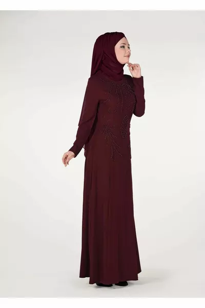 Kadın Bordo Inci Detaylı Abiye Elbise 