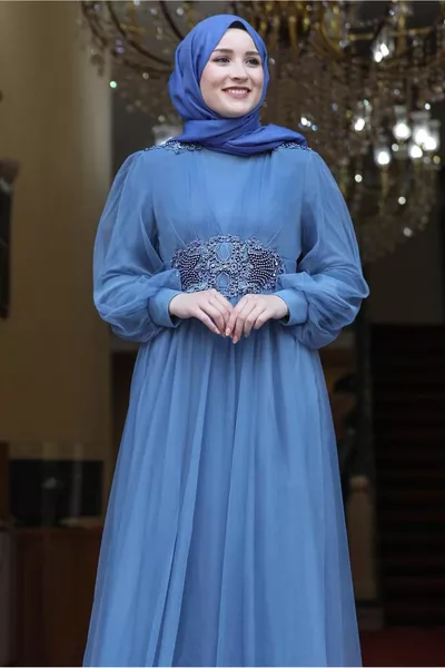 نسائي أزرق كحلي (نيلي) حجر مطرز مساء اللباس T 