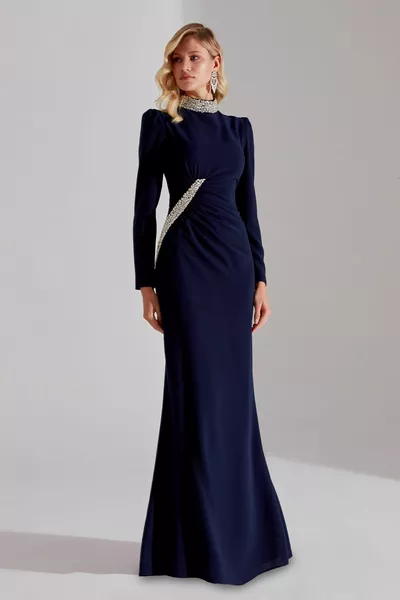 LUNA Navy Blue Stone Embroidered Evening Dress