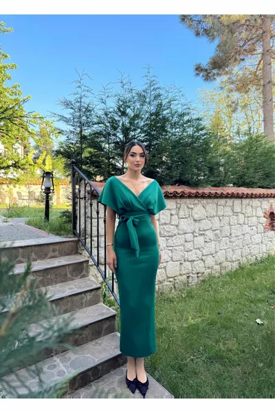 V-neck Low Shoulder Pencil Evening Dresses  GREEN