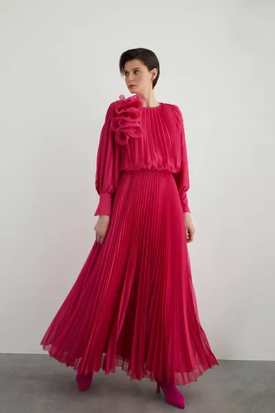 Ballonmouw Gedetailleerde Lange Chiffon Roze Jurk