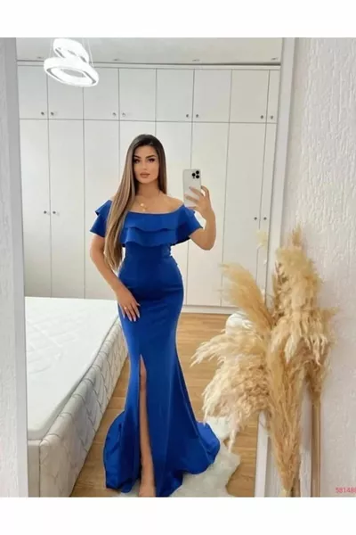 Ruffle яка внесени Scuba Fabric опашка риба модел вечерна рокля