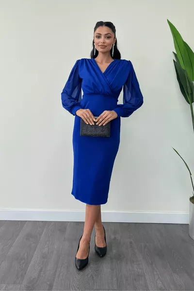 فستان كريب بأكمام قماش تول قلم رصاص - ساكس بلو