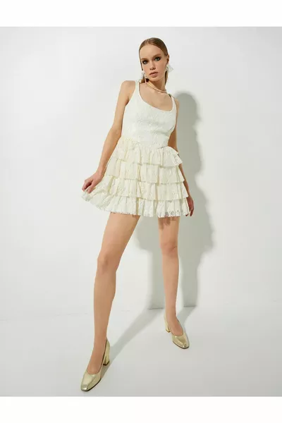 Kanten gevouwen U-hals Mini Bruidsjurk