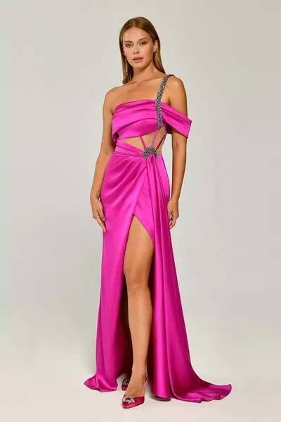 المرأة واحد الكتف الحجر سلسلة حزام الساتان الفوشيا مساء اللباس والتخرج اللباس -fus