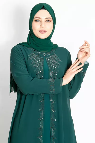 Каменна обработка Детайлна вечерна рокля Зелена 