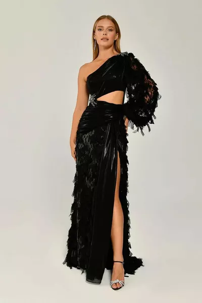 Single Sleeve Waist Brooch Slit Long Dress