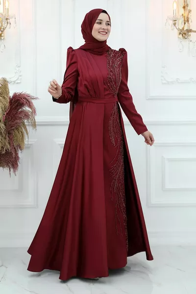 Gonca Satin Evening Dress Burgundy