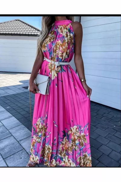 فستان طويل من الساتان بطيات برباط