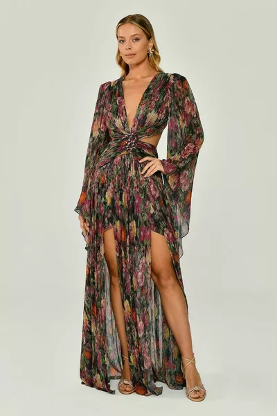 Patterned Glitter Chiffon Dress with Open Waist Buckle on the Sides