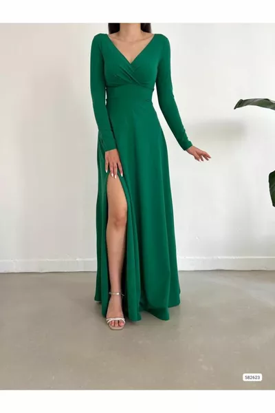 Double-breasted Collar Long Sleeve Slit Maxi Length Evening Dress