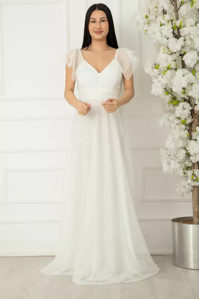 V-الرقبة حزام البولكا منقط تول فستان طويل 