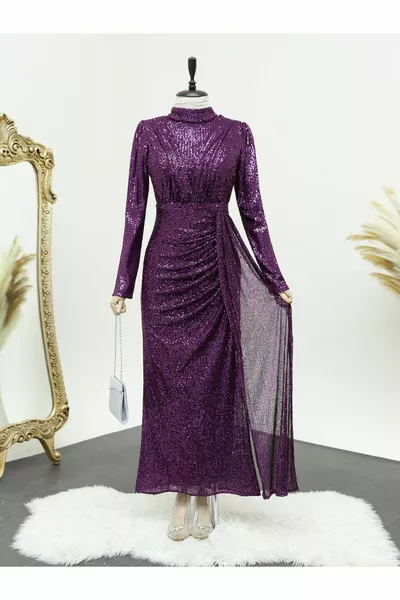 Skirt Drawstring Judge Collar Sequin Sequin Evening Dress