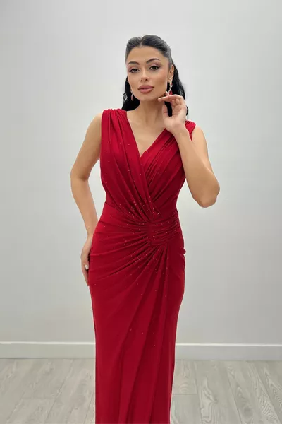 Robe Sirène En Jersey Cordon De Serrage Et Détail De Pierre - ROUGE