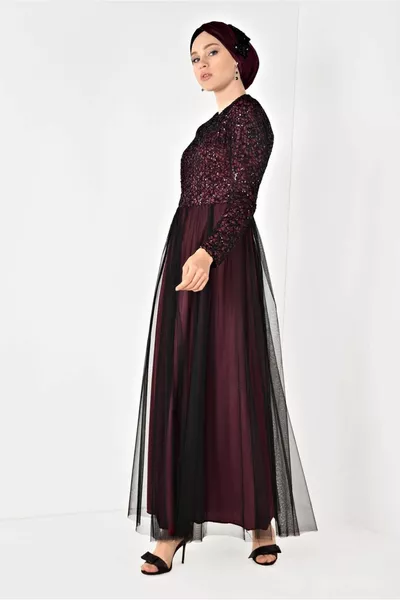 Жените бургундски тюл подробни guipure вечерна рокля T 